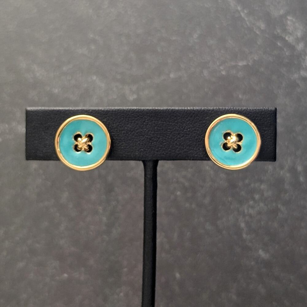 Vintage Clip On Earrings Turquoise Tone & Gold Tone Button Design - Whimsical